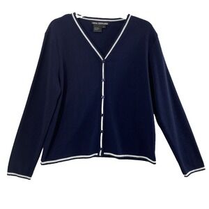Nina Leonard Cardigan Womens Large Navy Blue Preppy‎ Classic Sweater Minimalist